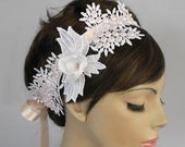 Weddings Hair Fascinator - Bridal Headband in Venetian Lace Applique, Crystal Beads Embroidered. Handmade