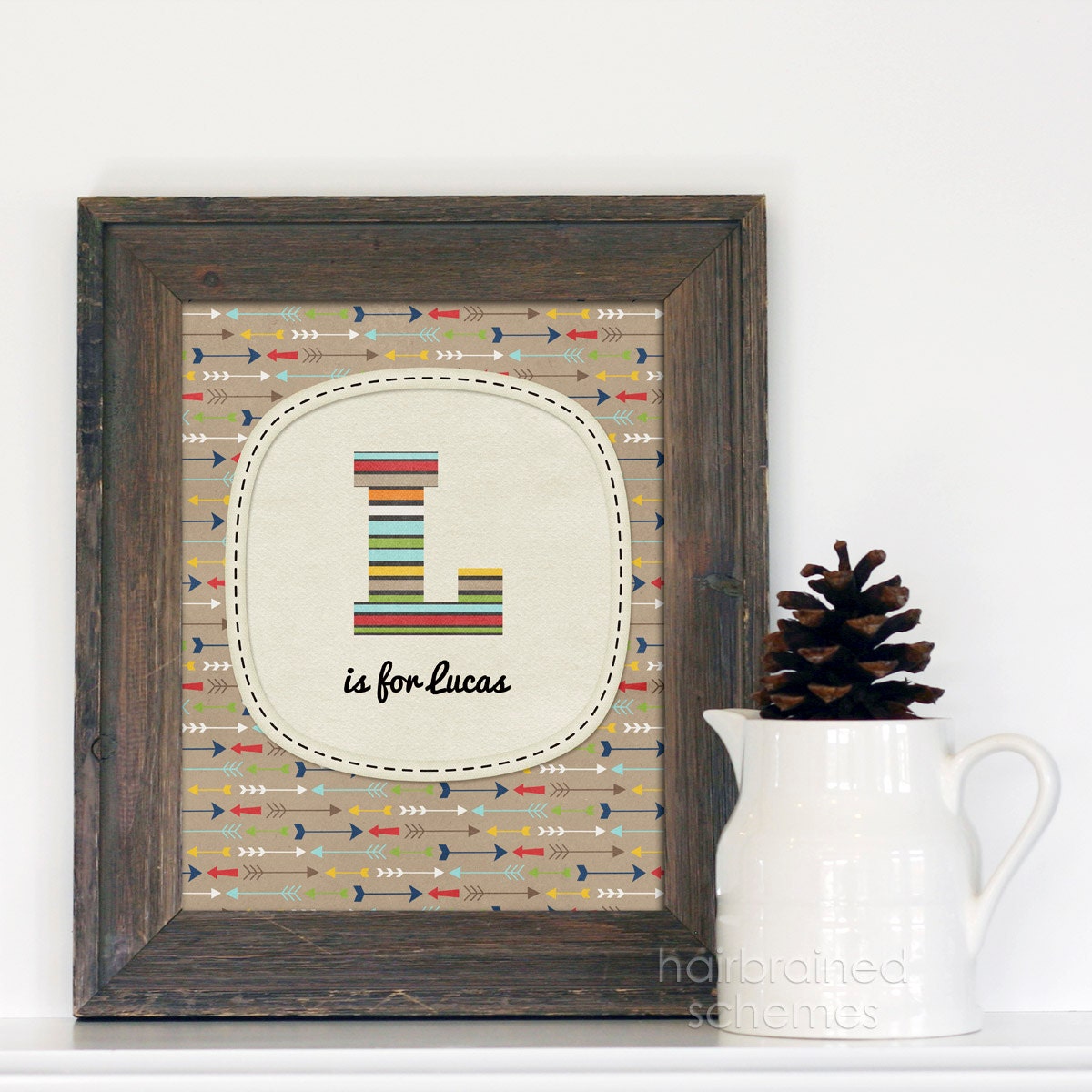 Digital Art Print Modern Customizable Personalized Initial Name Nursery Print Kraft Brown Arrows Stripes Multicolor Typographic
