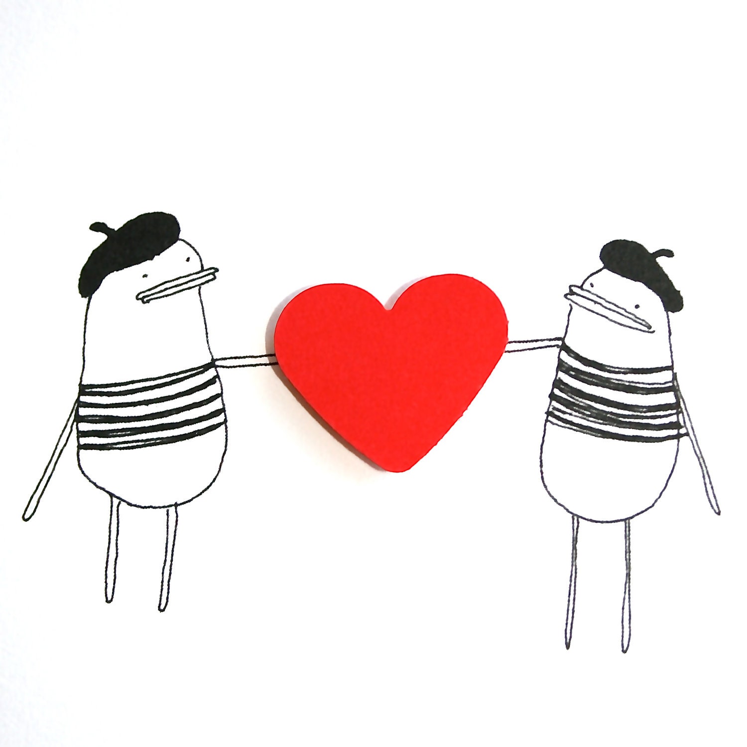 Adorable Greeting Card, I Love You, Red Love Heart, French Beret, Paris, Ooh La La, Unique Greeting Card, Poosac Twins with Red Heart