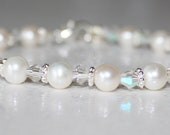 Wedding Jewelry, Pearl and Clear Crystal Bracelet, Real Fresh Water Pearls, Clear crystals, Adjustable Length, Bridal, Bridesmaids gift