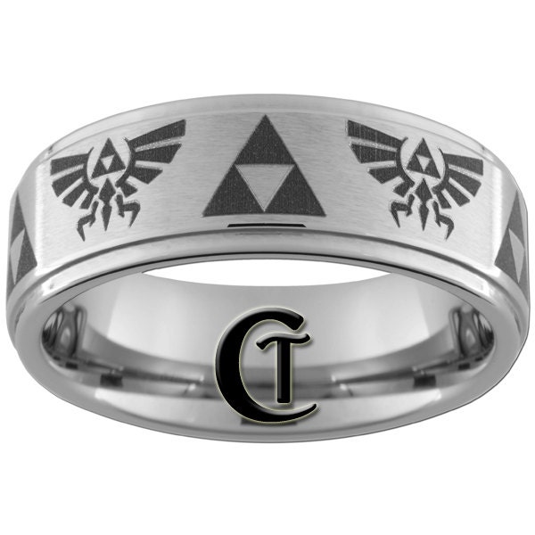 CLEARANCE Size 10 Tungsten Carbide 8mm Satin Finish Legend of Zelda Skyward Sword Crest and Triforce Laser Design Ring