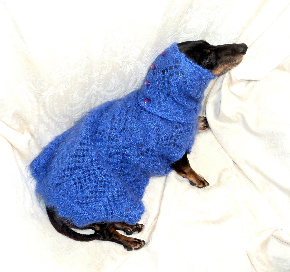 Mohair Dachshund sweater and cowl set small dog handmade indigo blue lace and lavender pearlized buttons