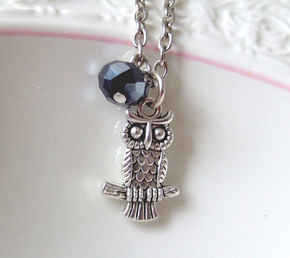 Midnight Owl Necklace - Owl Necklace adorned with a granite crystal - trendy, modern - gifts under 20