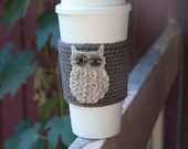 mottled owl, Coffee Cozy, crocheted,  cream, beige, charcoal grey sleeve