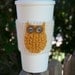 Golden woodland owl Coffee Cozy, crocheted, gold, beige, cream sleeve