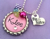 Personalized Girl's Charm Necklace Pink Big Sister Little Sister Bottle Cap Children's Jewelry Easter Basket Present Gift