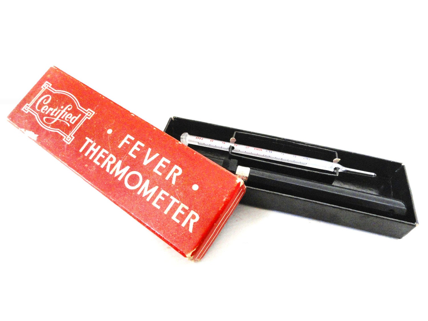 Vintage medical thermometer with black pocket holder by