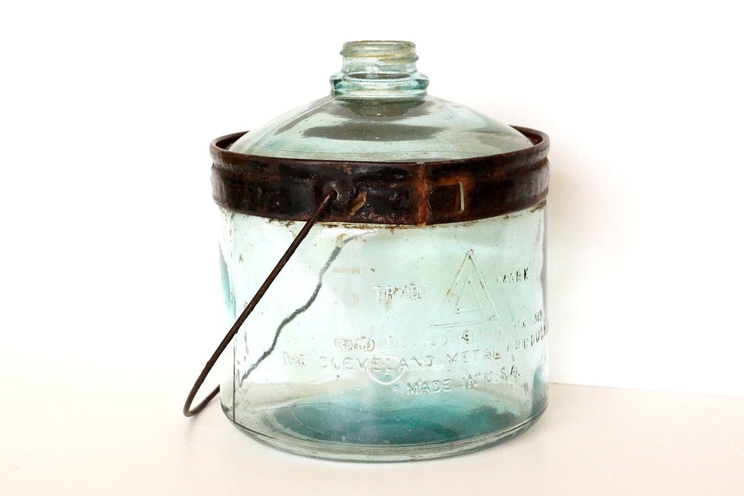 Vintage Kerosene Bottle with Handle, Aqua Glass (Large) - Industrial Home Decor, Unique Vase - ThirdShift