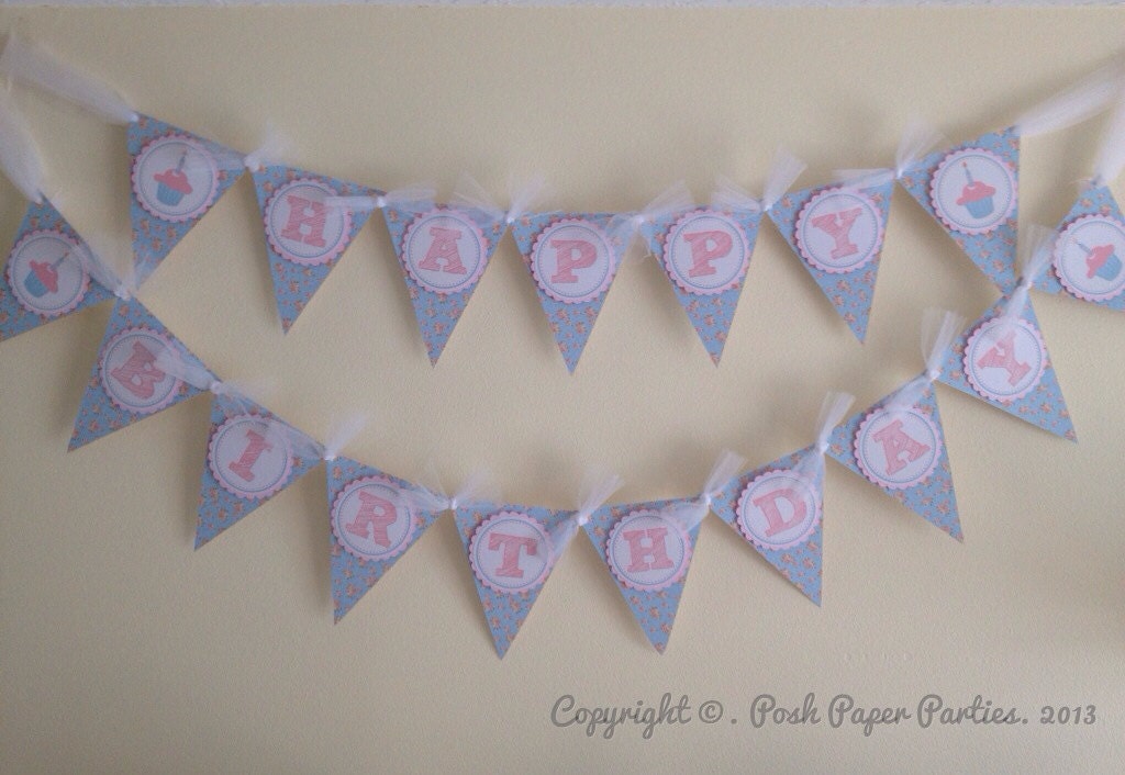 Shabby Chic Happy Birthday Bunting Banner- Flags Banner - Baby Blue and Pink - Sweet Cupcakes Il_170x135