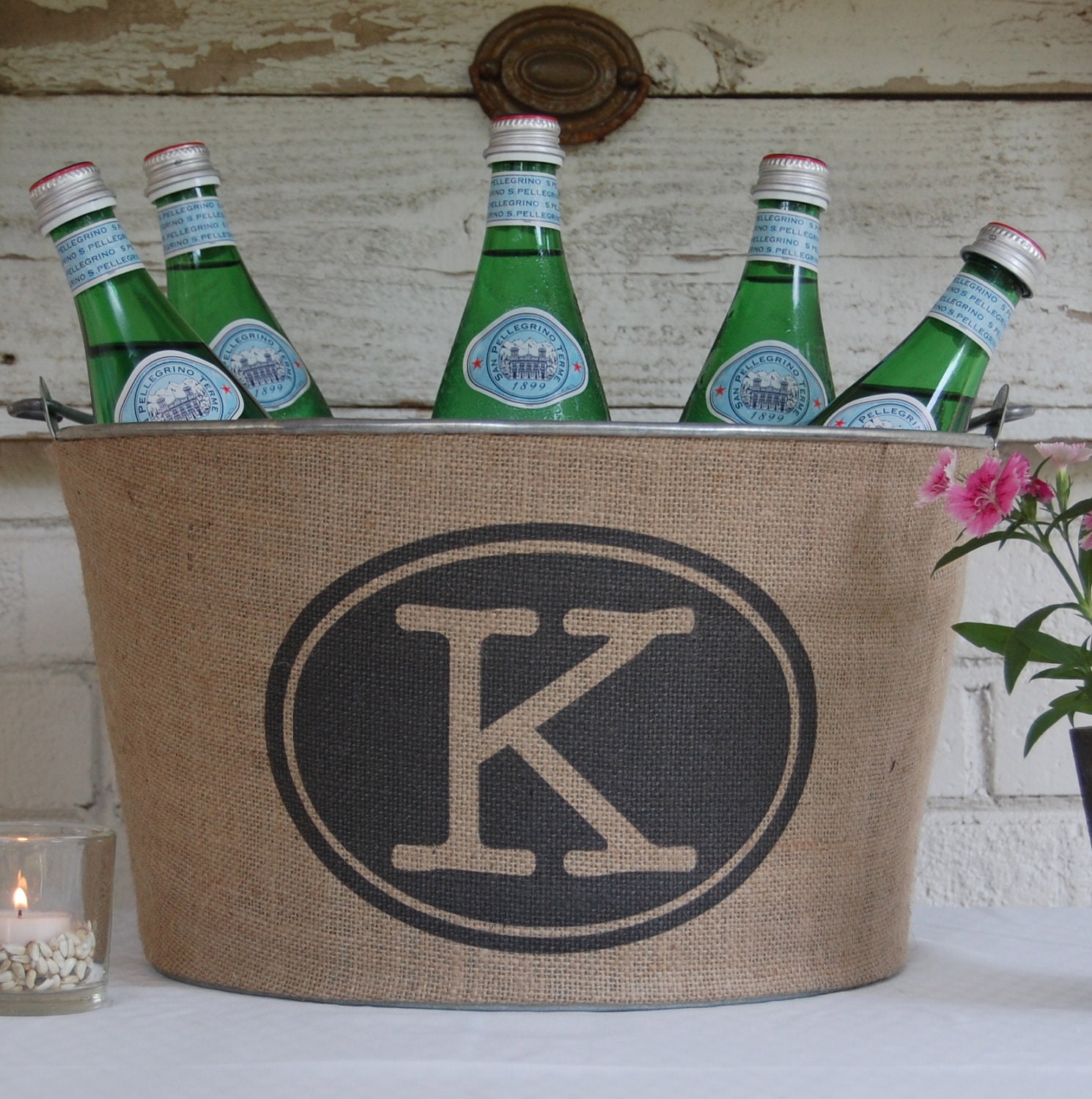 Monogram Burlap Bucket for Weddings, Shower Events...a must for entertaining. Rustic Elegant Wine or Drink Tub.