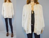 1980s Angora Sweater / Vintage Gray Cocoon Sweater / Soft Grey Angora Sweater / Vintage Rhinestone Buttons / Medium