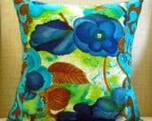 16 x 16 Pillow Cover - Vintage Mod Watercolor Pansies Patchwork - Turquoise, Navy, Chartreuse, Rust & Chocolate