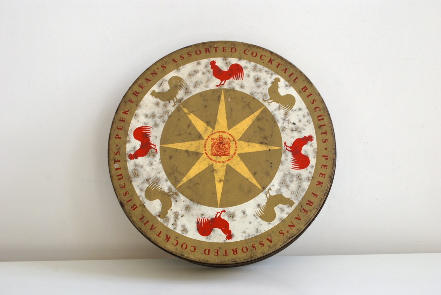 Taupe, red and gold vintage tin box, Peek Frean Cocktail Biscuits, rustic holiday decor, Christmas kitchen