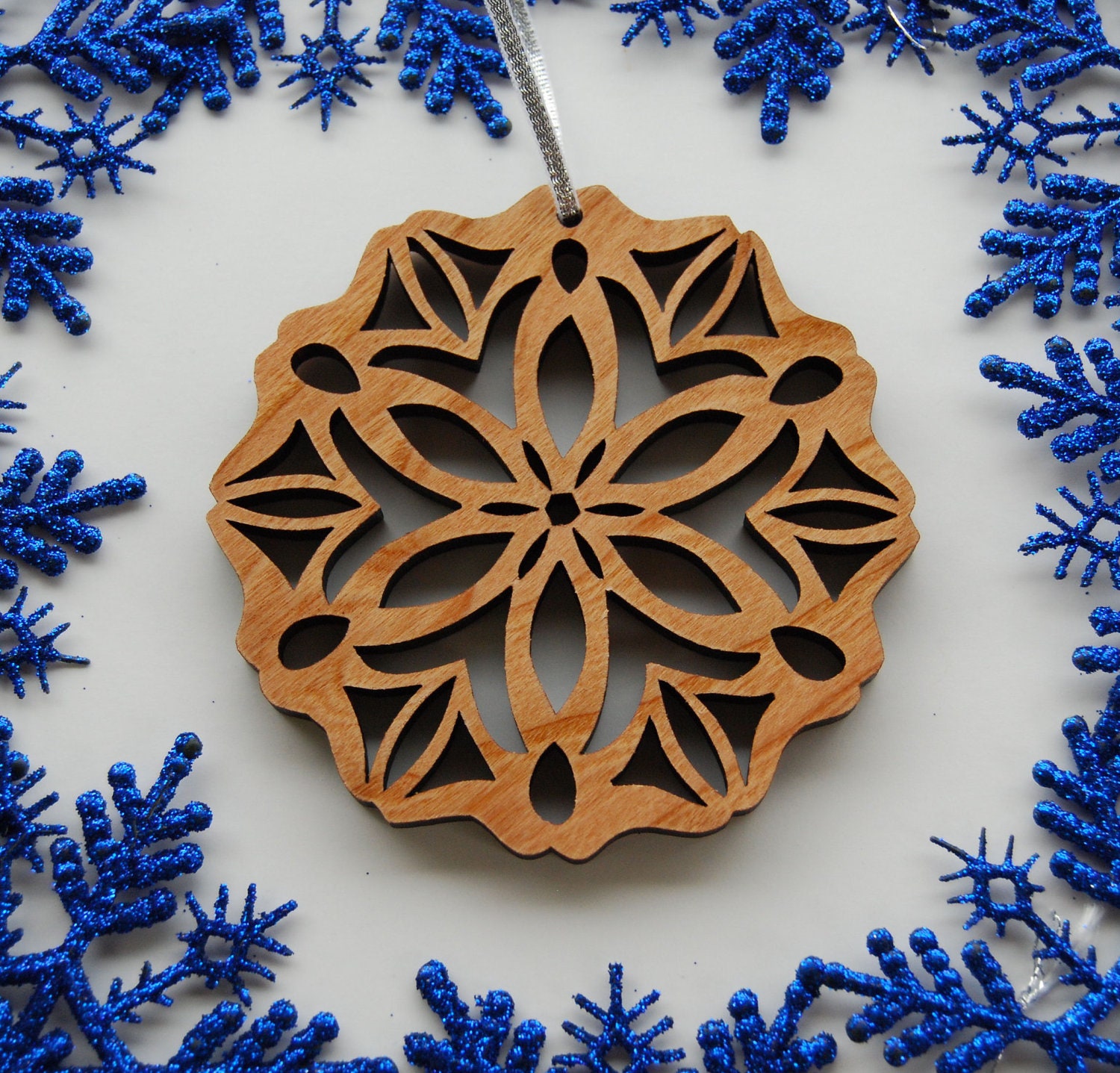 Exquisite Seasonal Christmas Cherry Wood Snowflake Ornament