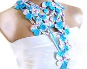 Flower Lariat Scarf, blue and white scarf with crochet flower patterns , hand-made,fashion,gift, mothers day,unique