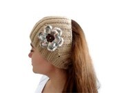Beige, mothers day, fall fashion, Flower Headband,  warm knit headband, knitting, gift, fashion, winter trend,