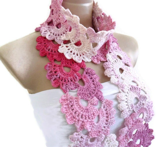 Crocheted Pink and white Bamboo Lace Neckwarmer,scarf,fashion,gift, valentine,  winter trends, fashion, 2012