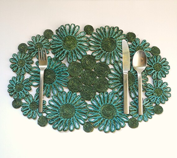 1960s Abaca Placemats Pair Green and Turquoise Woven by viAnneli