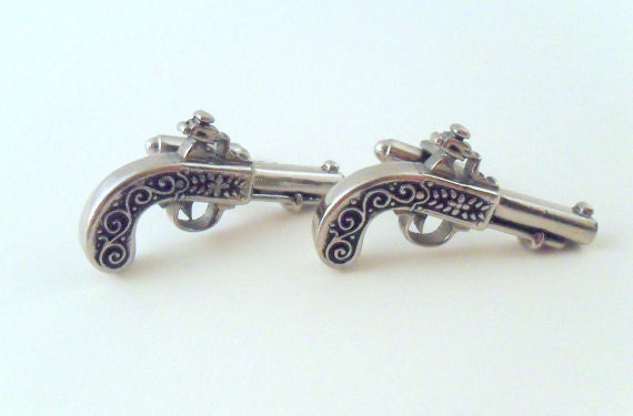 Vintage Western Revolver Cuff Links - Silver Tone - Cowboy - Pistol - Gun