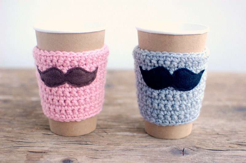 His and Hers mustache coffee cup cozies in pink and gray by The Cozy Project