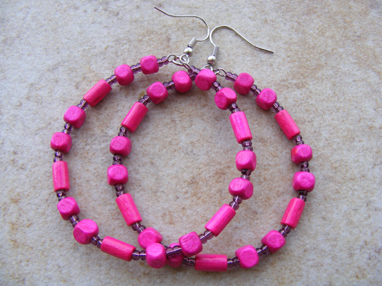 Magenta Round Earrings, Wooden Beads