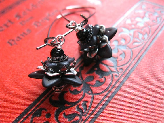 Black Lotus. Gothic Lotus Flower Earrings with Onyx in Victorian Silver and Gunmetal. Wee Fey Padma.
