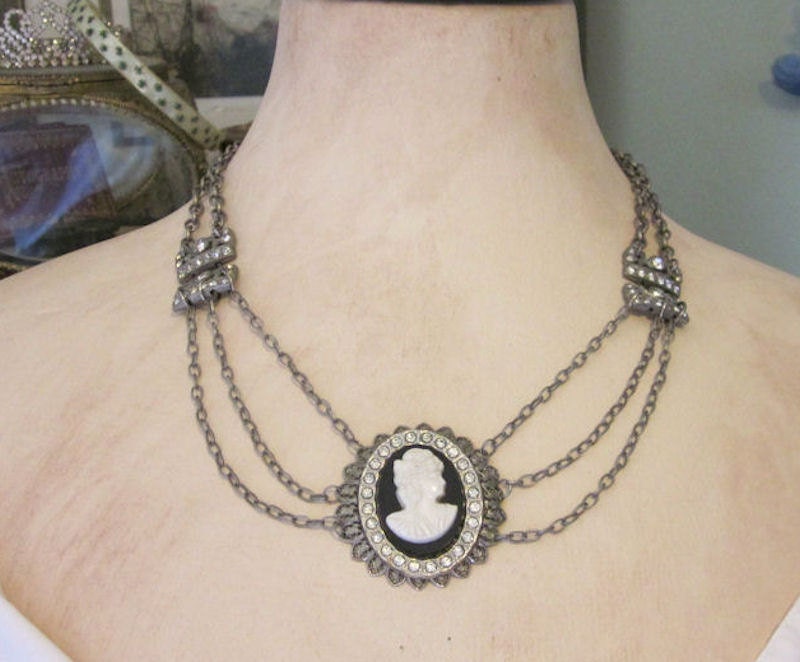 Upcycled Vintage Cameo Rhinestone Necklace, Festoon Black White Silver Necklace, Vintage Repurposed Jewelry Handmade OOAK  - JryenDesigns