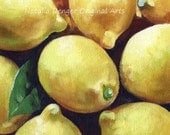 Framed Original Painting, Lemons, Sunny Lemons, Fruits, Citrus, Kitchen, Yellow, Brown, Green, Gold, Chocolate, Food Art