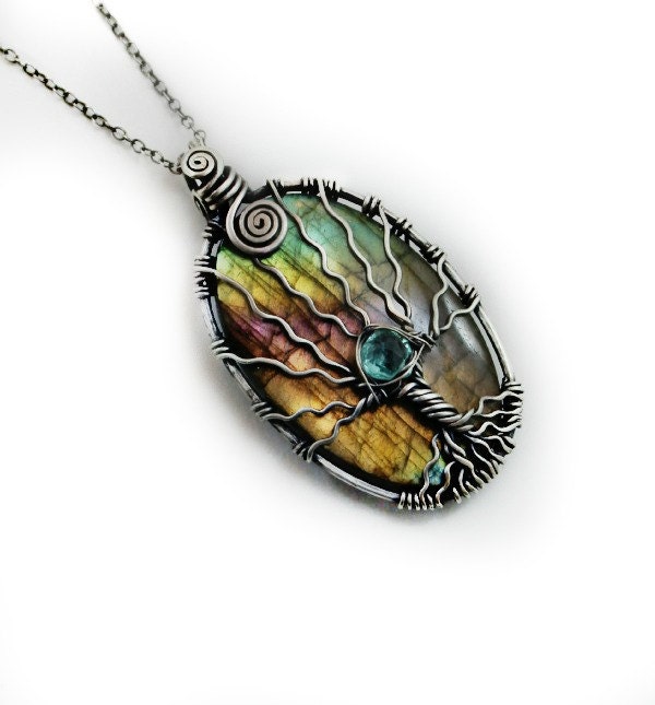 Rainbow Labradorite tree of life pendant, 925 sterling silver and Apatite.