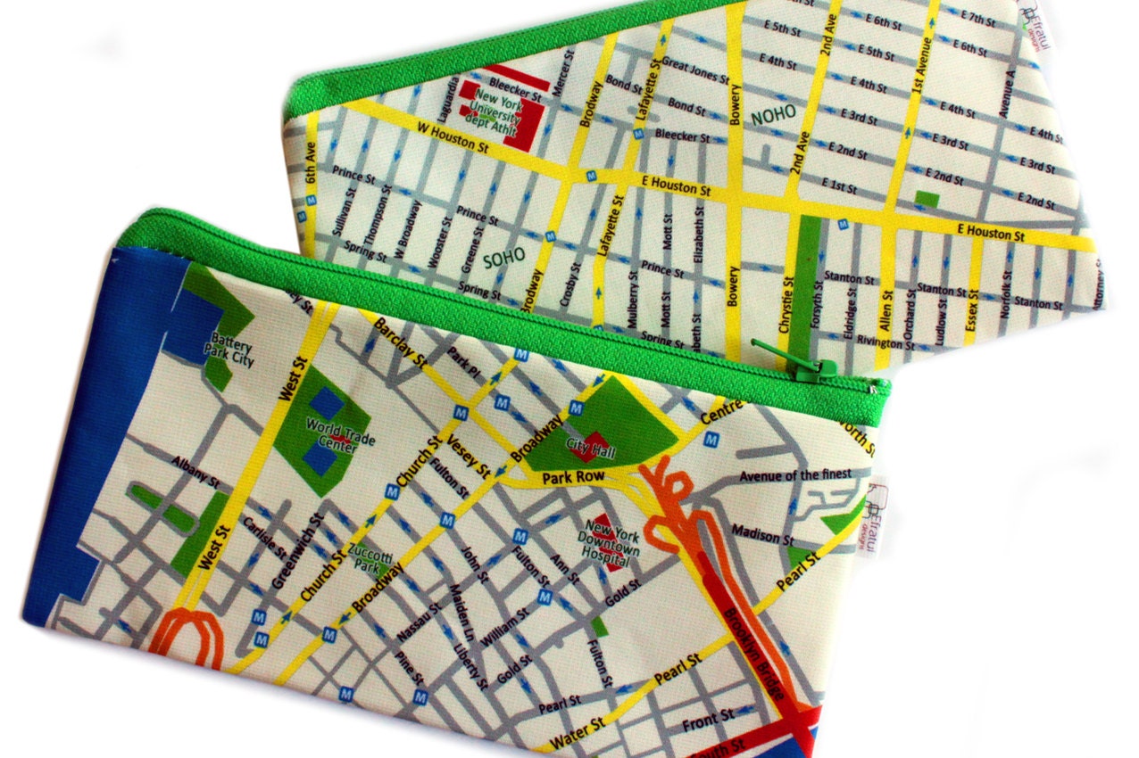 I LOVE NEW YORK pencil case zipper pouch with New York map pattern and a green zipper - nyc streets on a wallet