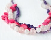 Pink Multistrand Necklace Rose Quartz Jade Amethyst Pink Bead Necklace Pink Flambe Purple Beaded Necklace Hot Pink Beaded Necklace