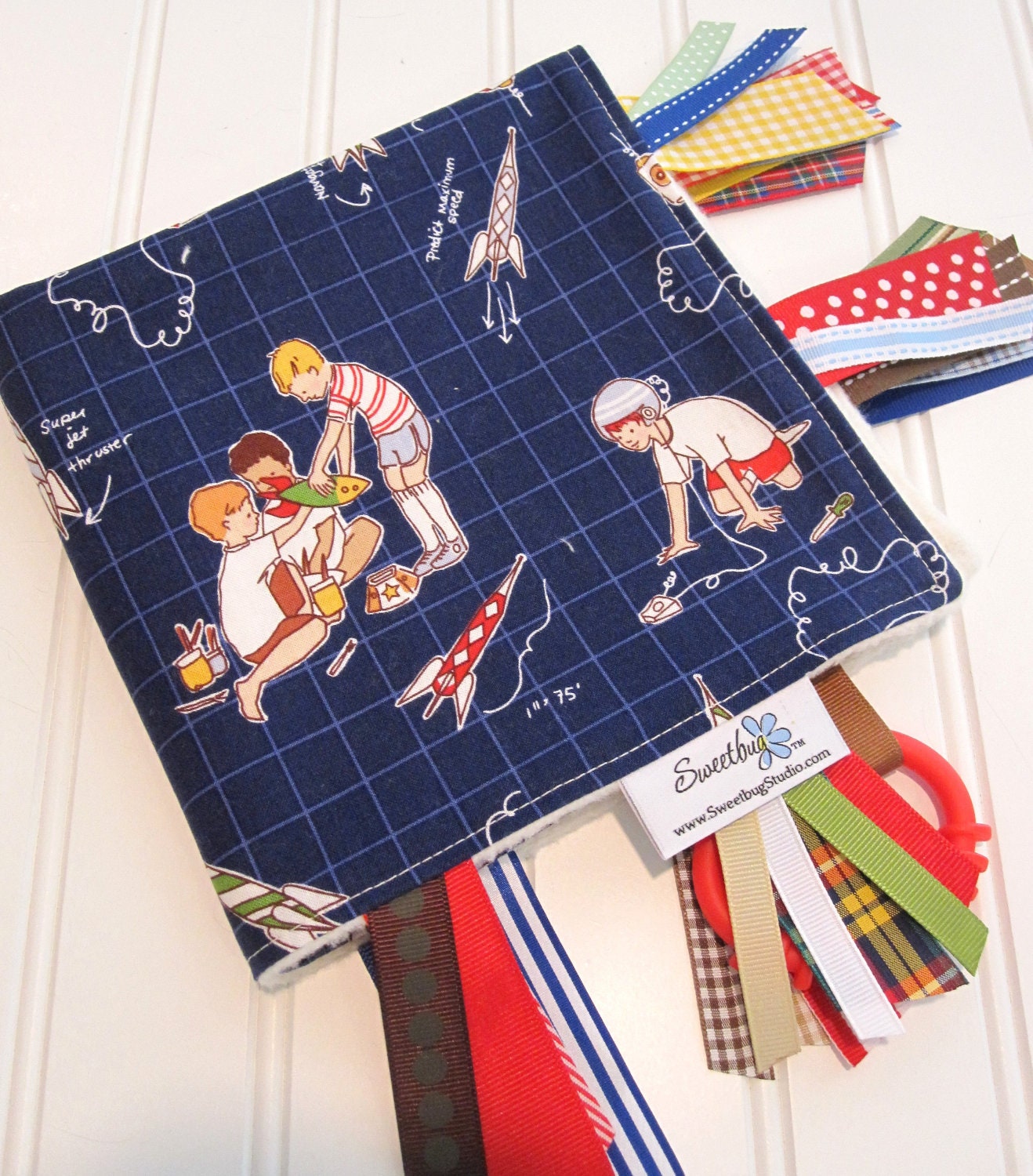 Sensory Ribbon Blanket,Lovey,Tag Blanket/Rocket Launch Club/Organic Cotton Fleece
