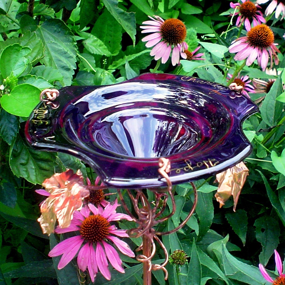 Faith, Hope, Charity GARDEN Bird Feeder, Dark Purple, BUTTERFLY Suncatcher, stained glass, copper, Gold Inscription