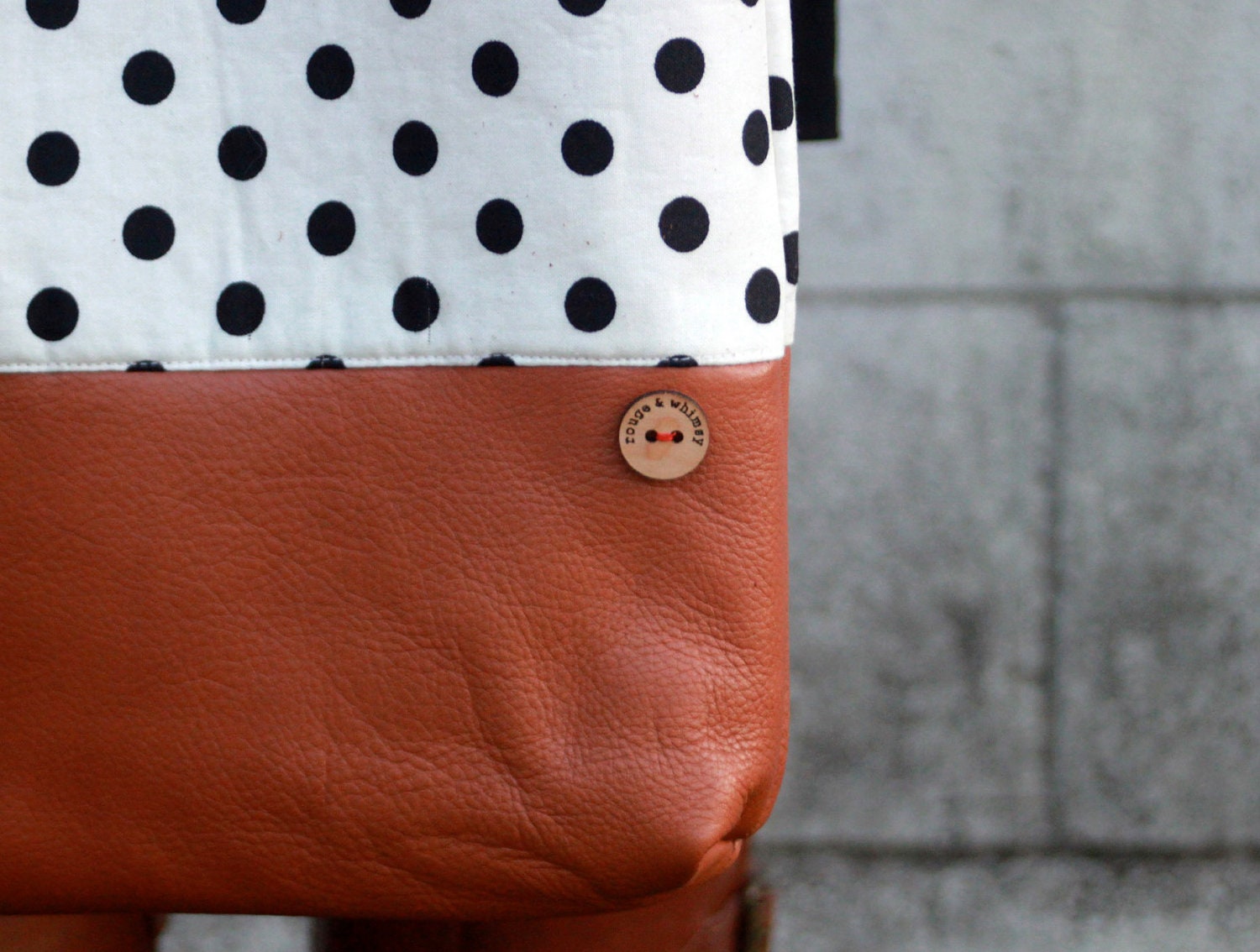 polka dot and caramel leather tote bag // white and black polka dot tote // leather tote by rouge and whimsy