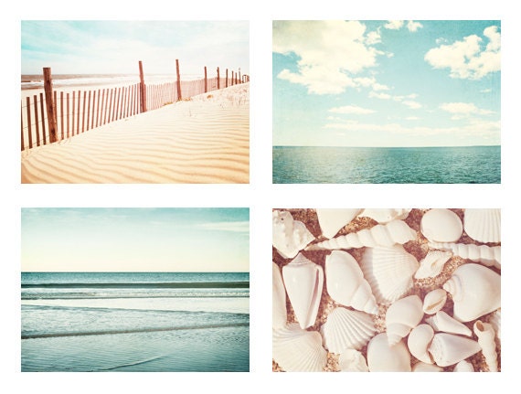 Beach & Ocean Photography Set - Four 5x7 Photographs - light blue beige pale white - sea beach photo set - ocean wall art pastel - fine art