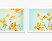 Autumn Photography Set - fall yellow aqua blue orange wall art gold teal turquoise mint nature art prints tree leaves - Two 8x10 Photographs