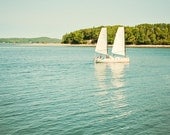 Sailboat Photography - nautical beach print lake house decor ocean water blue green sail boat sea vintage photo teal - 8x8 Photograph