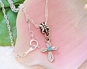 Girls Silver Cross Singapore Twist Chain Necklace 16" European Style Charm BLUE Crystal Rhinestone Religious Gift Communion Confirmation