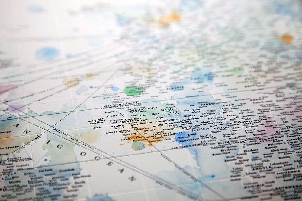 Typographic World Map with Watercolor