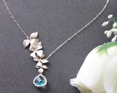 Triple Orchid Flower Lariat Necklace,  Auqa Blue Faceted Triangle Glass Stone Pendant Necklace, Sterling Silver Chain, Wedding Jewelry