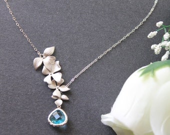 Triple Orchid Flower Lariat Necklace,  Auqa Blue Faceted Triangle Glass Stone Pendant Necklace, Sterling Silver Chain, Wedding Jewelry