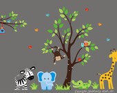 Nursery Wall Decal Tree with Giraffe. Elephant, Alligator, Zebra, Monkeys, Branch, Owls - Baby Wall Decal - 483