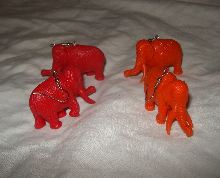 Wooly mammoth upcycled toy earrings recycled kitsch kawaii colorful funny hipster red or orange