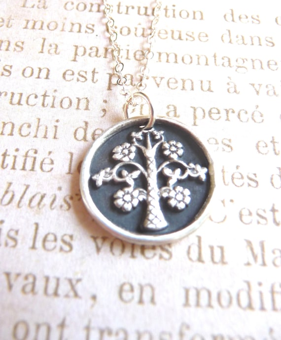 Spring wax seal charm tree with flowers hand made from recycled fine silver