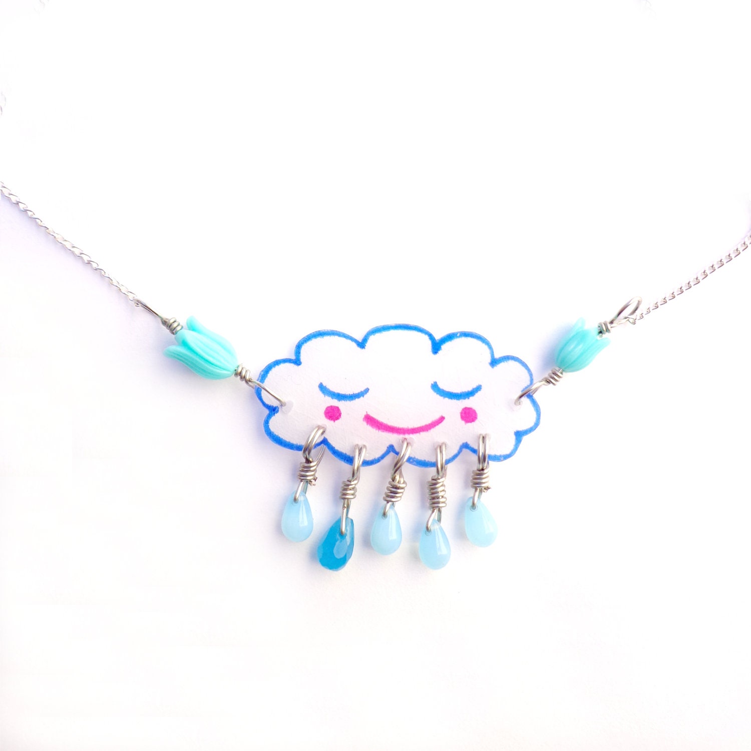 Happy Cloud Necklace, Kawaii Rain Cloud Jewelry, Shrink Plastic Jewelry, Cute Smiling Cloud, White and Aqua, Ready to Ship