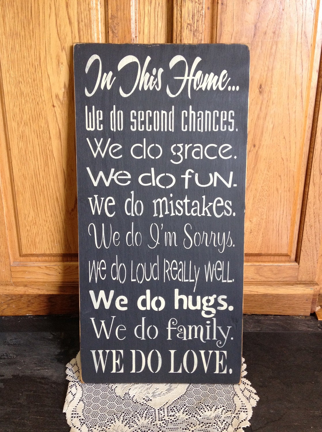 Primitive "In This Home...We Do" wood subway sign 12 x 24 - your color choice