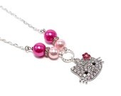 Hello Kitty Necklace - Crystal and Silver - Pink Pearl Jewelry - Kawaii Rhinestone Cat