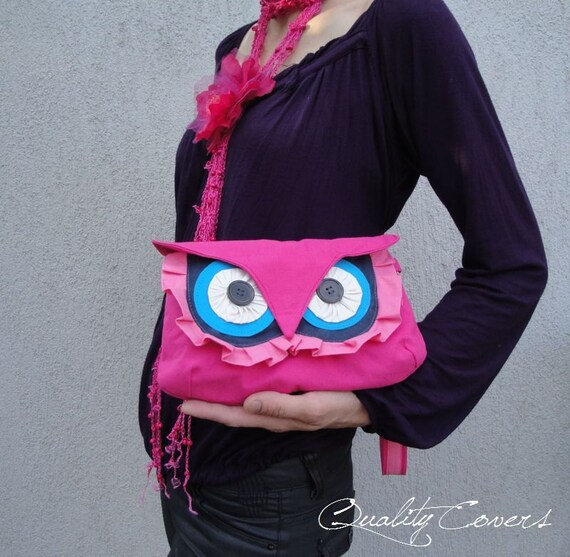 Detachable Wristlet Handle Owl / Wristlet Purse/ tote/handmade/ 8 interior POCKETS / WATERPROOF / can be any color
