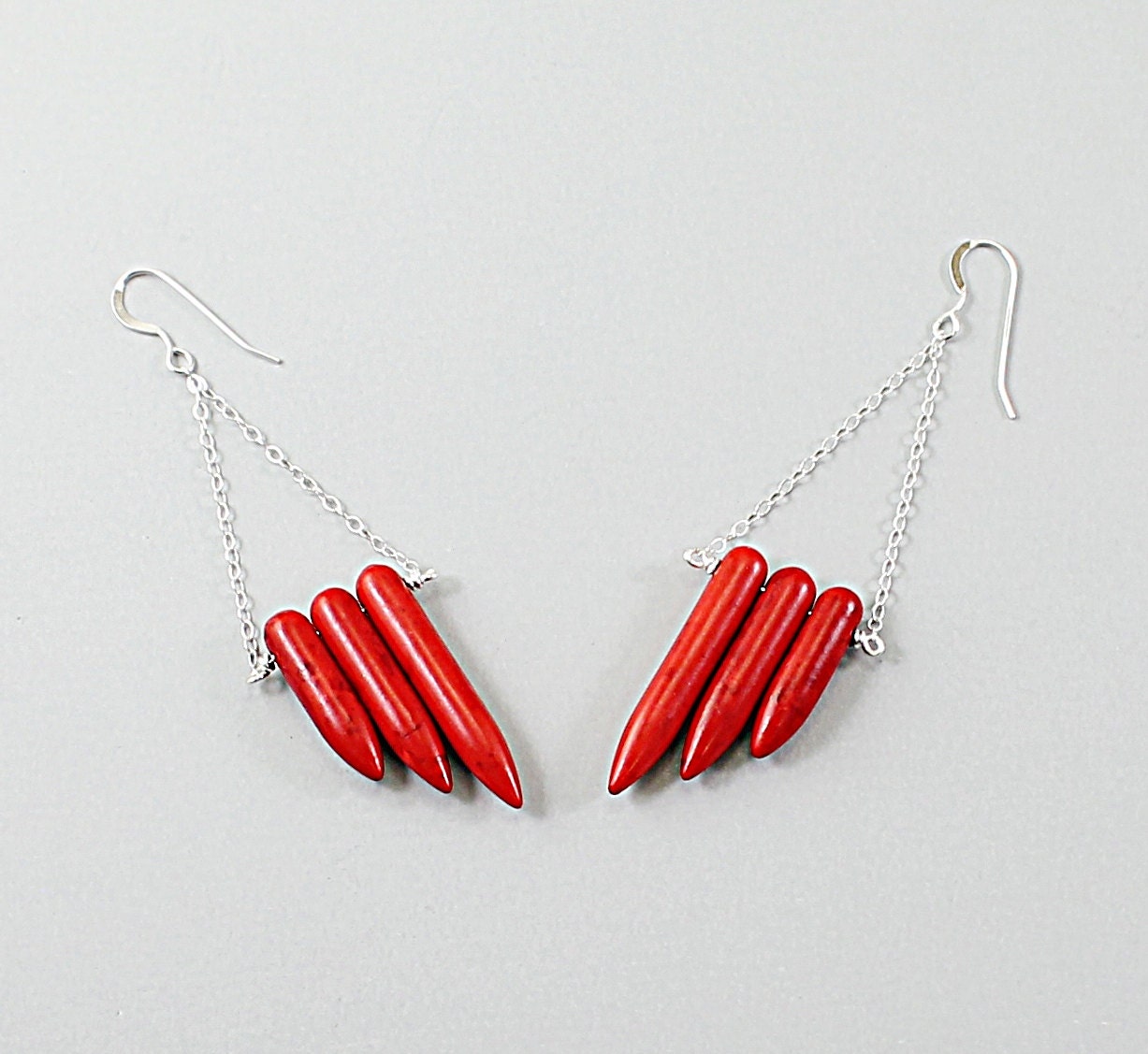 Red earrings: silver howlite spikes, tribal, dangle earrings bohemian boho native american chain