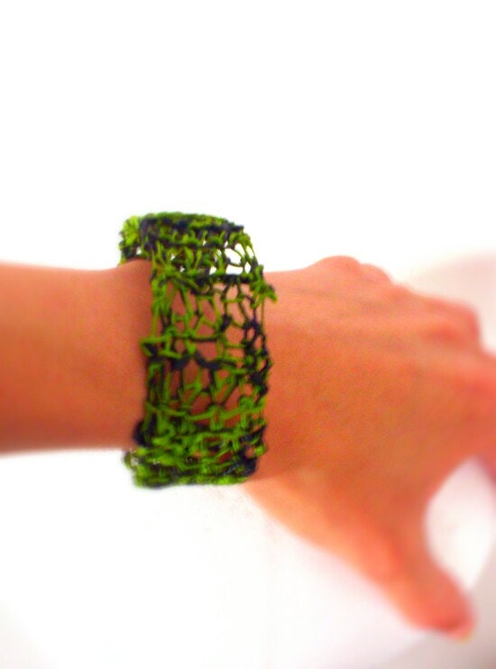 Black and Lime Green Bangle - Recycled Jewelry - Knitted plastic Bracelet - Recycled Plastic Carrier Bags.